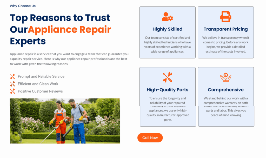 appliance repair service website landing page design