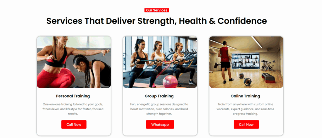 health and fitness training website section design